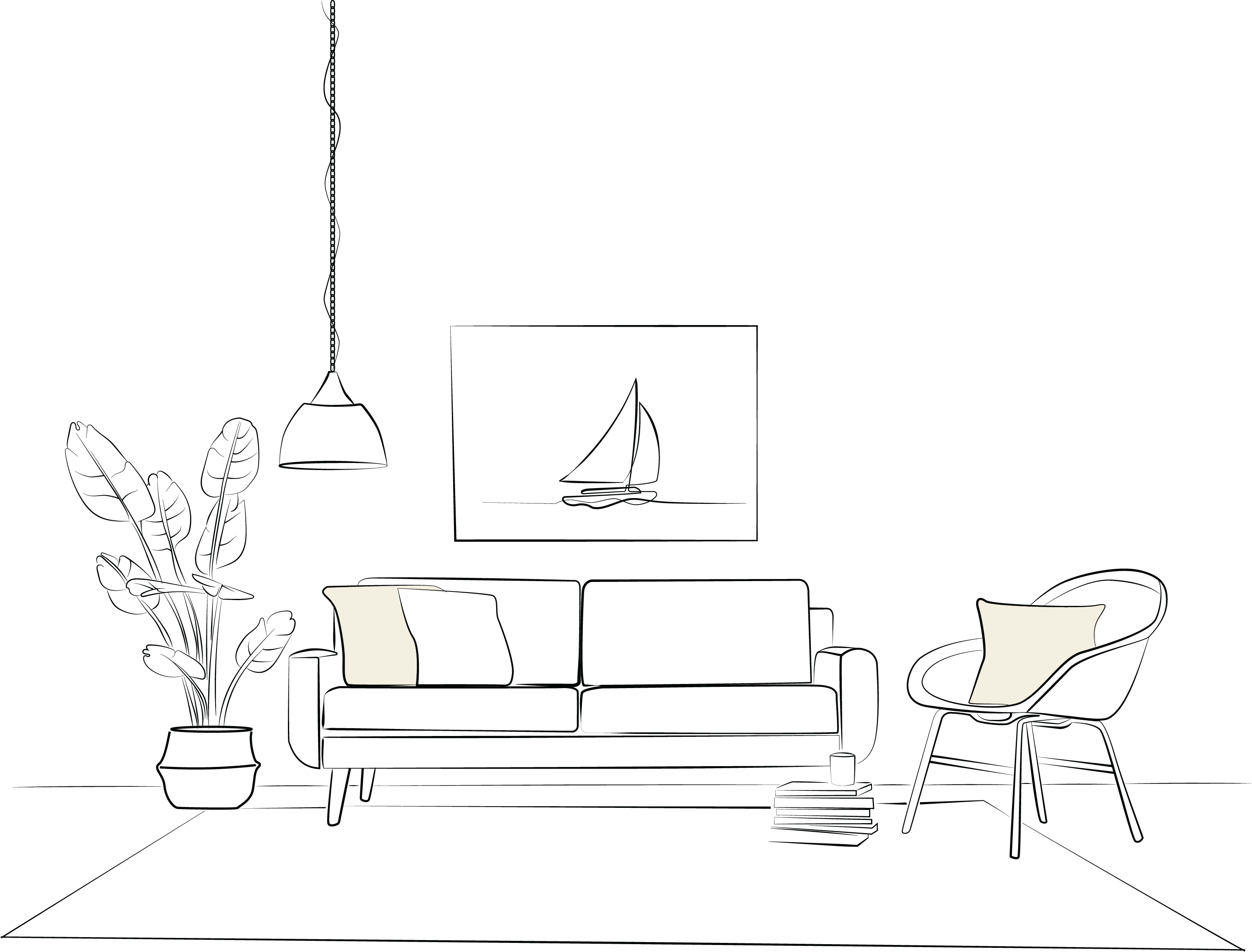 Line art: living room scene with sailboat artwork